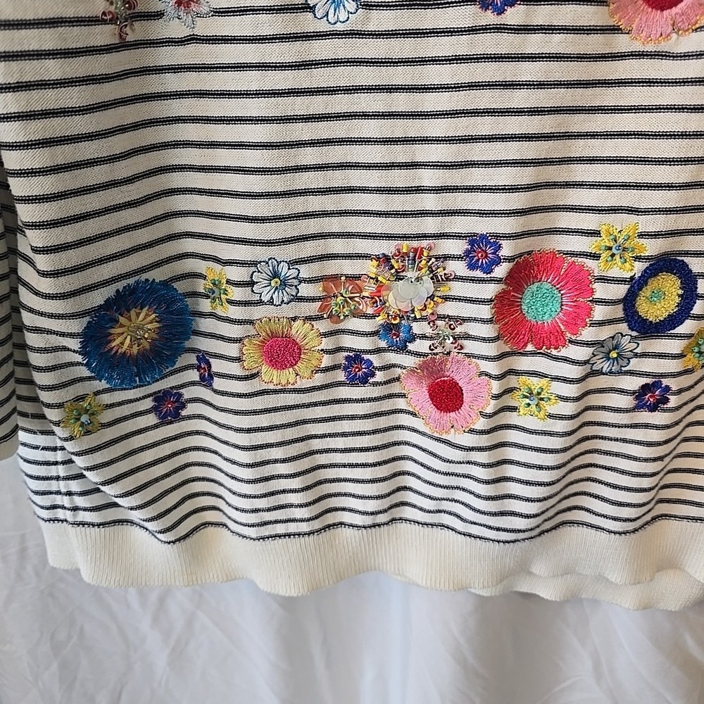 Talbots Women's L Striped 3/4 Sleeve Floral Embroidered Beads Boho Hippie Shirt - Picture 5 of 16